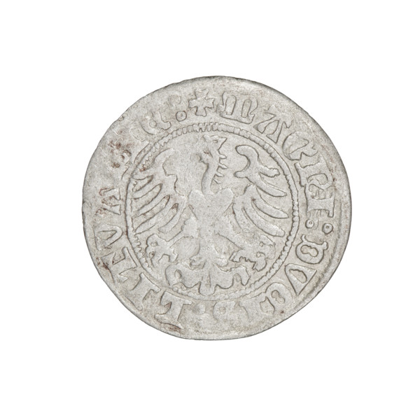 Lithuanian half-grosz, Sigismund I the Old (king of Poland; 1506–1548). Obverse: Pogon (Lithuanian