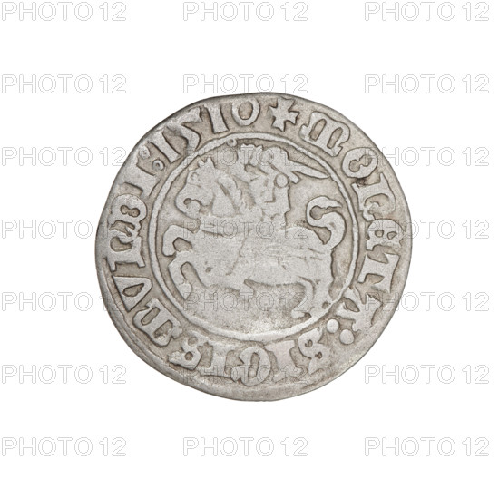 Lithuanian half-grosz, Sigismund I the Old (king of Poland; 1506–1548). Obverse: Pogon turned left;