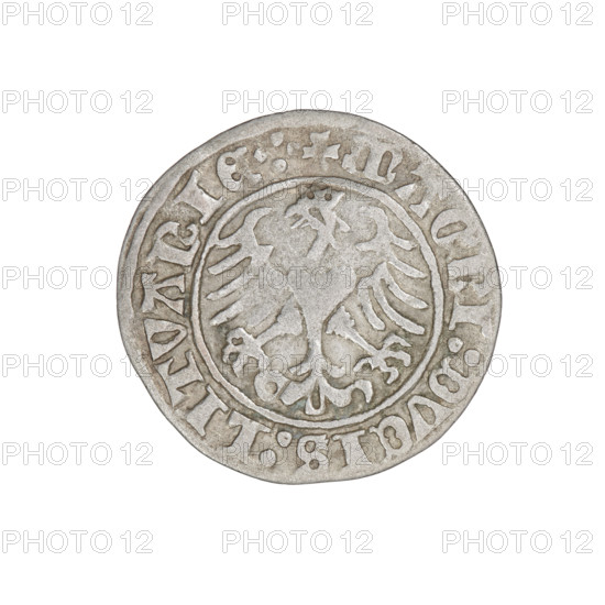 Lithuanian half-grosz, Sigismund I the Old (king of Poland; 1506–1548). Obverse: Pogon turned left;