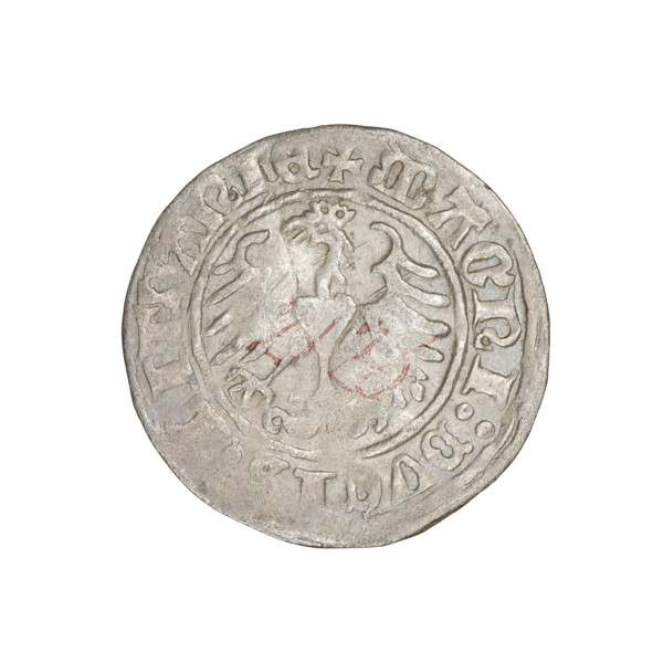 Lithuanian half-grosz, Sigismund I the Old (king of Poland; 1506–1548). Obverse: Pogon (Lithuanian