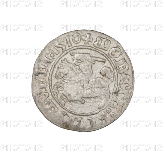Lithuanian half-grosz, Sigismund I the Old (king of Poland; 1506–1548). Obverse: Pogon (Lithuanian