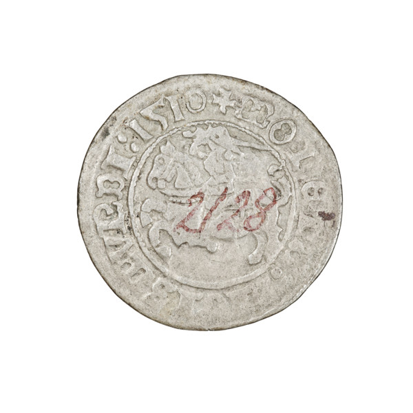 Lithuanian half-grosz, Sigismund I the Old (king of Poland; 1506–1548). Obverse: Pogon (mounted