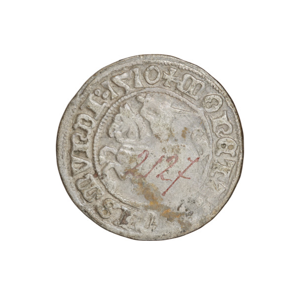 Lithuanian half-grosz, Sigismund I the Old (king of Poland; 1506–1548). Obverse: Pogon (mounted