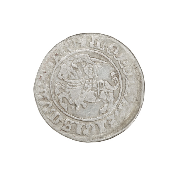 Lithuanian half-grosz, Sigismund I the Old (King of Poland; 1506–1548). Obverse: Pogon (Lithuanian