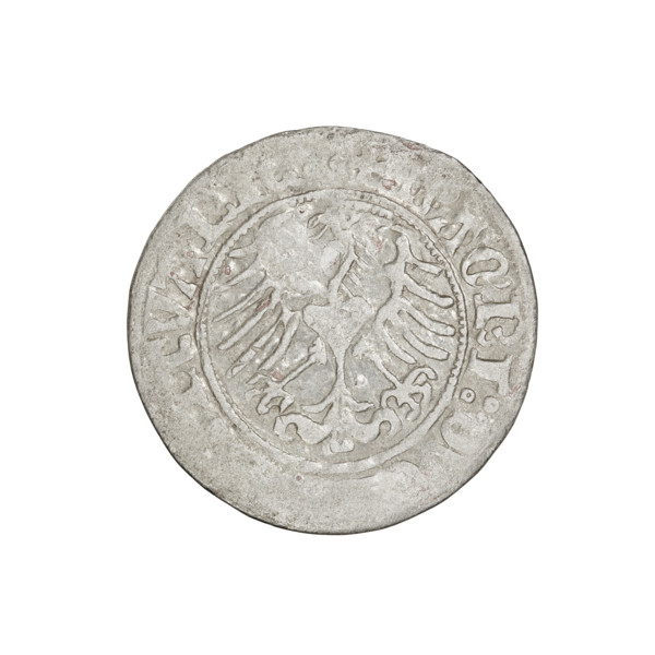 Lithuanian half-grosz, Sigismund I the Old (King of Poland; 1506–1548). Obverse: Pogon turned to