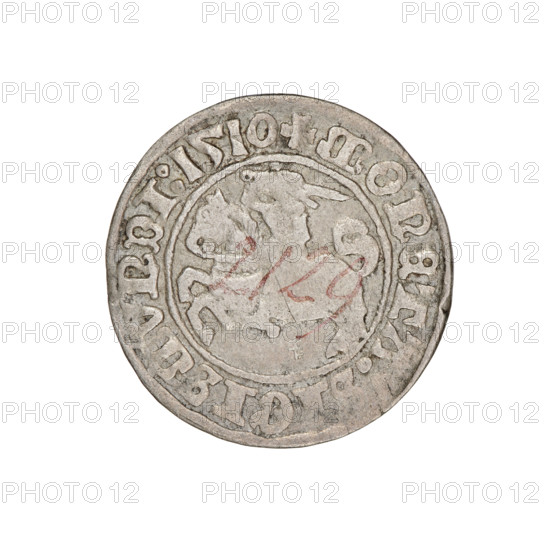 Lithuanian half-grosz, Sigismund I the Old (king of Poland; 1506–1548). Obverse: Pogon (Lithuanian