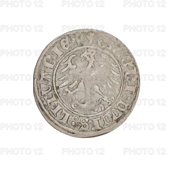 Lithuanian half-grosz, Sigismund I the Old (king of Poland; 1506–1548). Obverse: Pogon turned left;