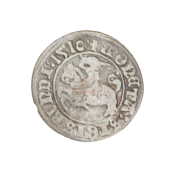 Lithuanian half-grosz, Sigismund I the Old (king of Poland; 1506–1548). Obverse: Pogon turned left;