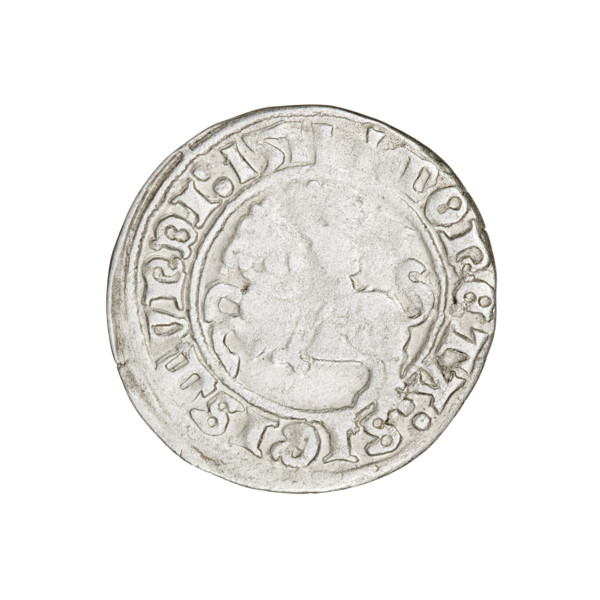 Lithuanian half-grosz, Sigismund I the Old (King of Poland; 1506–1548). Obverse: Pogon (Lithuanian