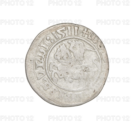 Lithuanian half-grosz, Sigismund I the Old (King of Poland; 1506–1548). Obverse: Pogon (Lithuanian