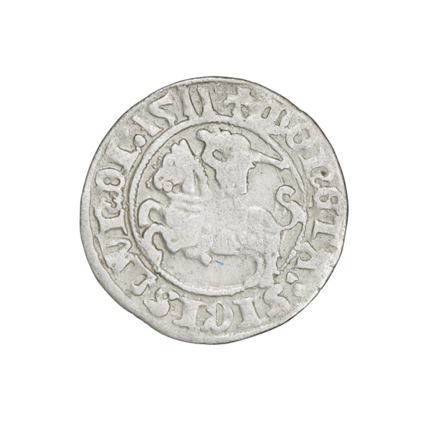 Lithuanian half-grosz, Sigismund I the Old (King of Poland; 1506–1548). Obverse: Pogon (Lithuanian