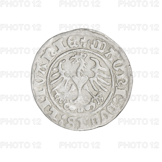 Lithuanian half-grosz, Sigismund I the Old (King of Poland; 1506–1548). Obverse: Pogon (Lithuanian