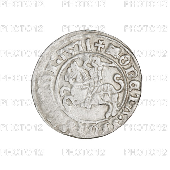 Lithuanian half-grosz, Sigismund I the Old (king of Poland; 1506–1548). Obverse: Pogon (Lithuanian