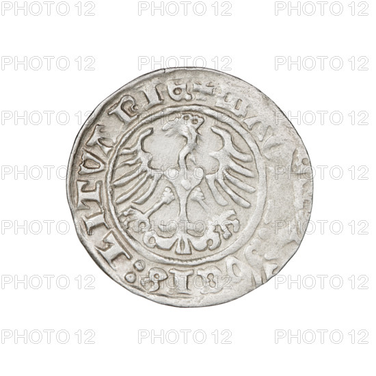 Lithuanian half-grosz, Sigismund I the Old (king of Poland; 1506–1548). Obverse: Pogon (Lithuanian