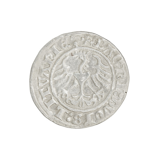 Lithuanian half-grosz, Sigismund I the Old (king of Poland; 1506–1548). Obverse: Pogon (Lithuanian