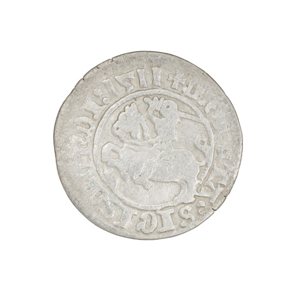 Lithuanian half-grosz, Sigismund I the Old (King of Poland; 1506–1548). Obverse: Pursuer turned