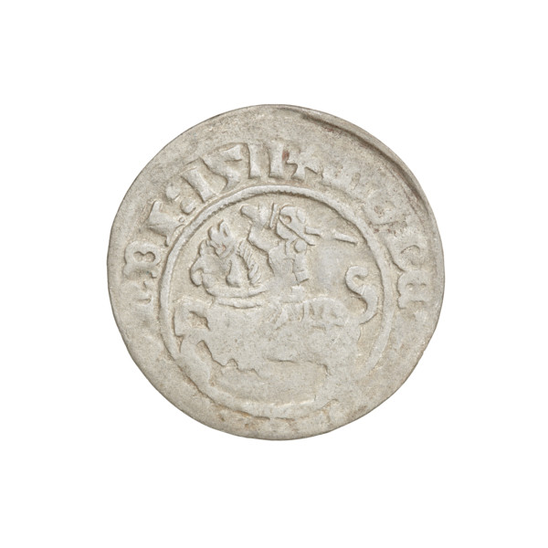 Lithuanian half-grosz, Sigismund I the Old (King of Poland; 1506–1548). Obverse: Pursuer turned