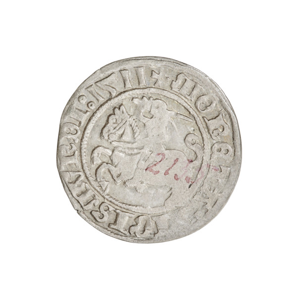Lithuanian half-grosz, Sigismund I the Old (king of Poland; 1506–1548). Obverse: Pogon turned left;