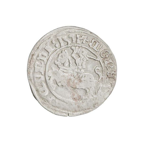 Lithuanian half-grosz, Sigismund I the Old (king of Poland; 1506–1548). Obverse: Pogon (Lithuanian