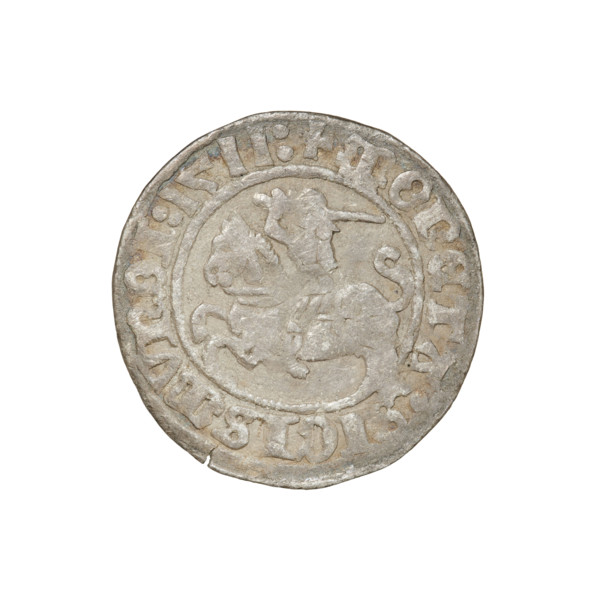 Lithuanian half-grosz, Sigismund I the Old (King of Poland; 1506–1548). Obverse: Pogon (mounted