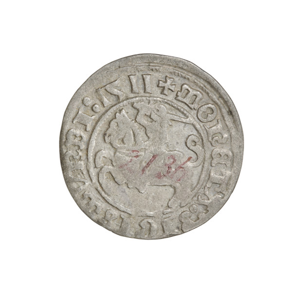 Lithuanian half-grosz, Sigismund I the Old (king of Poland; 1506–1548). Obv.: Pogon turned left; in