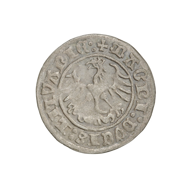 Lithuanian half-grosz, Sigismund I the Old (king of Poland; 1506–1548). Obverse: Pogon (Lithuanian