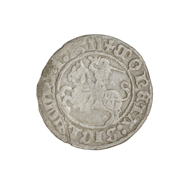 Lithuanian half-grosz, Sigismund I the Old (King of Poland; 1506–1548). Obverse: Pogon (Lithuanian
