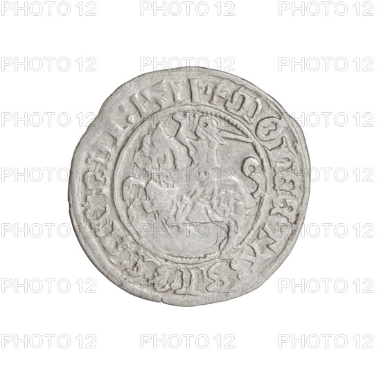 Lithuanian half-grosz, Sigismund I the Old (King of Poland; 1506–1548). Obverse: Pogon (Lithuanian