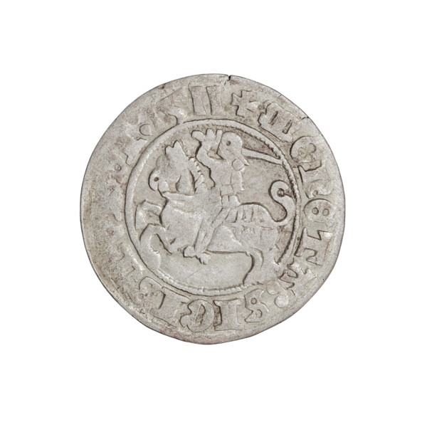 Lithuanian half-grosz, Sigismund I the Old (King of Poland; 1506–1548). Obverse: Pogon (Lithuanian