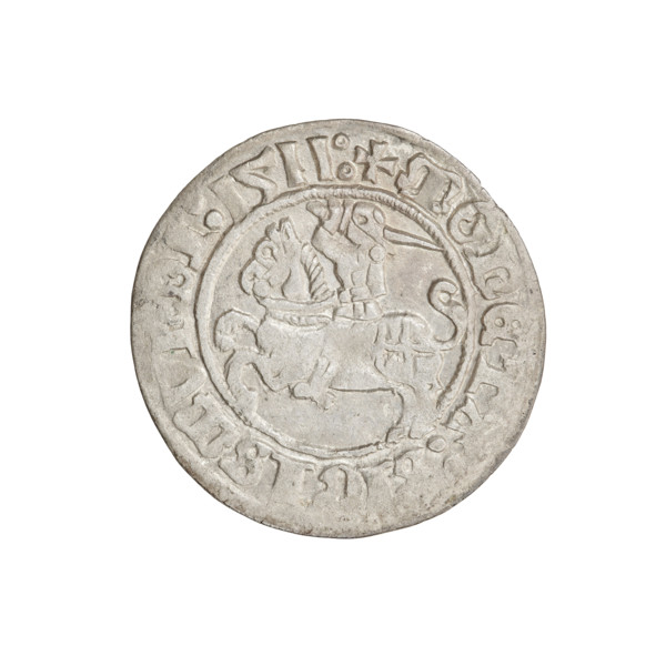 Lithuanian half-grosz, Sigismund I the Old (King of Poland; 1506–1548). Obverse: Pogon turned left;