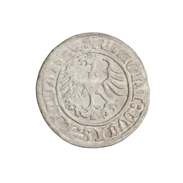Lithuanian half-grosz, Sigismund I the Old (King of Poland; 1506–1548). Obverse: Pogon (Lithuanian