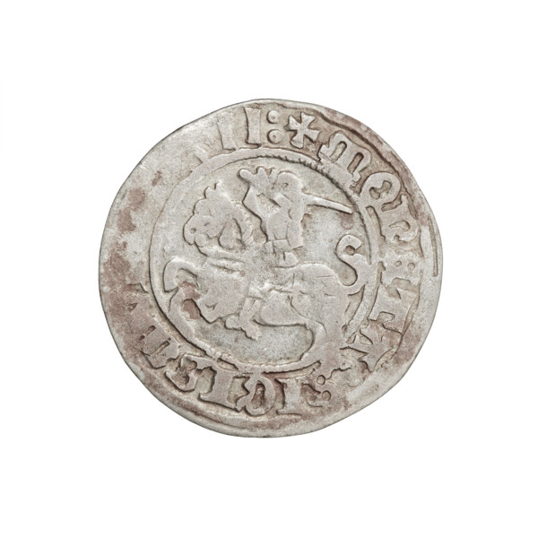 Lithuanian half-grosz, Sigismund I the Old (King of Poland; 1506–1548). Obverse: Pogon (Lithuanian