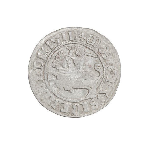 Lithuanian half-grosz, Sigismund I the Old (King of Poland; 1506–1548). Obverse: Pogon (Lithuanian