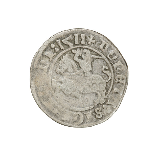 Lithuanian half-grosz, Sigismund I the Old (King of Poland; 1506–1548). Obverse: Pogon turned left;