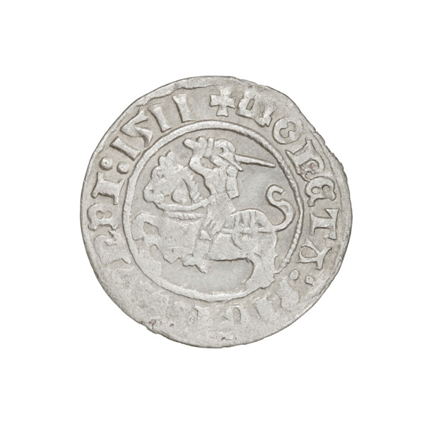 Lithuanian half-grosz, Sigismund I the Old (King of Poland; 1506–1548). Obverse: Pogon (Lithuanian