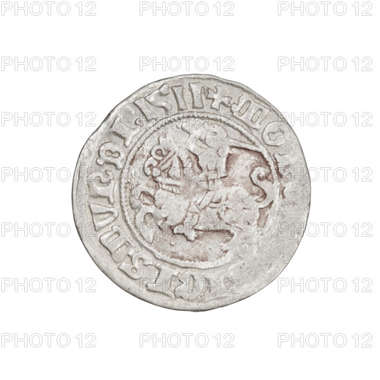 Lithuanian half-grosz, Sigismund I the Old (King of Poland; 1506–1548). Obverse: Pogon (Lithuanian