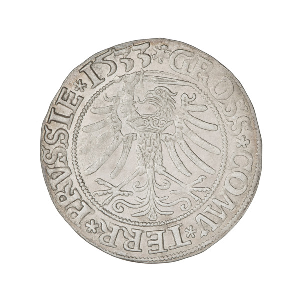 Prussian grosz, Sigismund I the Old (King of Poland; 1506–1548). Obverse: Crowned male bust in