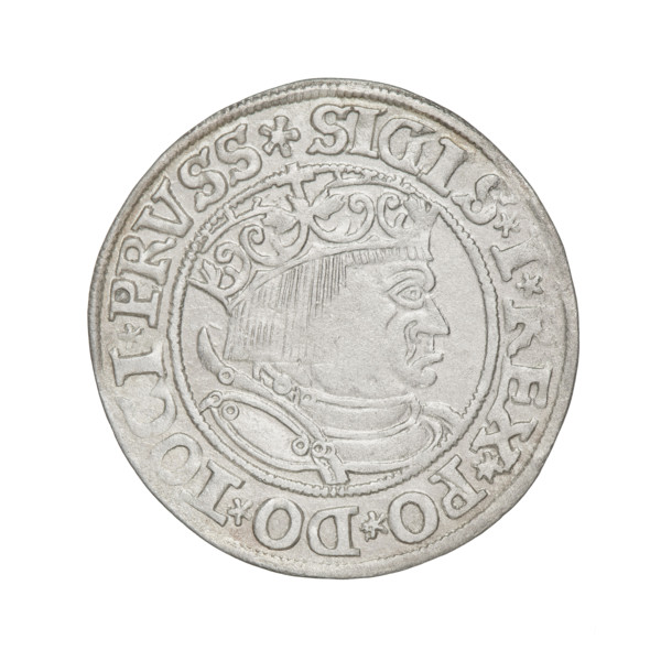 Prussian grosz, Sigismund I the Old (King of Poland; 1506–1548). Obverse: Crowned male bust in