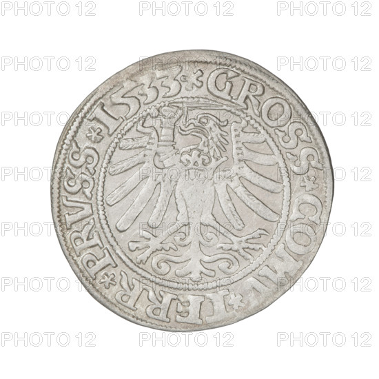 Prussian grosz, Sigismund I the Old (King of Poland; 1506–1548). Obverse: Crowned male bust in