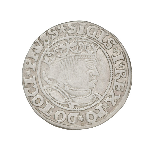 Prussian grosz, Sigismund I the Old (King of Poland; 1506–1548). Obverse: Crowned male bust in