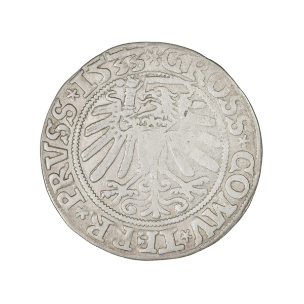 Prussian grosz, Sigismund I the Old (King of Poland; 1506–1548). Obverse: Crowned male bust in
