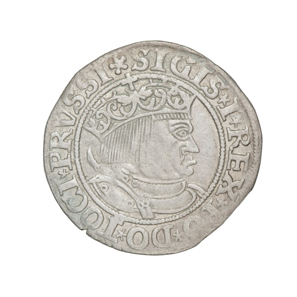 Prussian grosz, Sigismund I the Old (King of Poland; 1506–1548). Obverse: Crowned male bust in