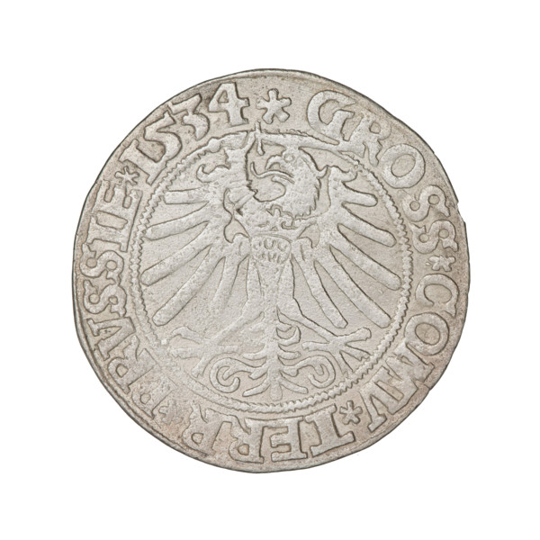 Prussian grosz, Sigismund I the Old (King of Poland; 1506–1548). Obverse: Crowned male bust in