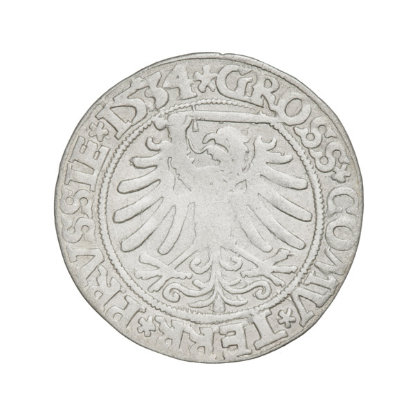 Prussian grosz, Sigismund I the Old (King of Poland; 1506–1548); obverse: crowned male bust in