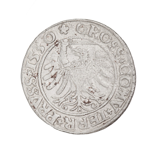 Prussian grosz, Sigismund I the Old (King of Poland; 1506–1548). Obverse: Crowned male bust in