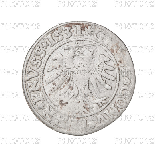 Prussian grosz, Sigismund I the Old (King of Poland; 1506–1548). Obverse: Crowned male bust in