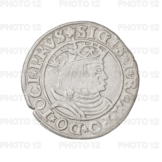 Prussian grosz, Sigismund I the Old (King of Poland; 1506–1548). Obverse: Crowned male bust in