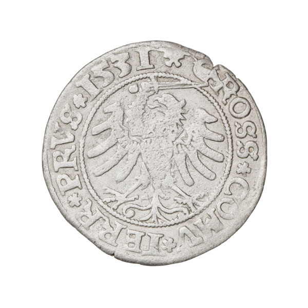 Prussian grosz, Sigismund I the Old (King of Poland; 1506–1548). Obverse: Crowned male bust in