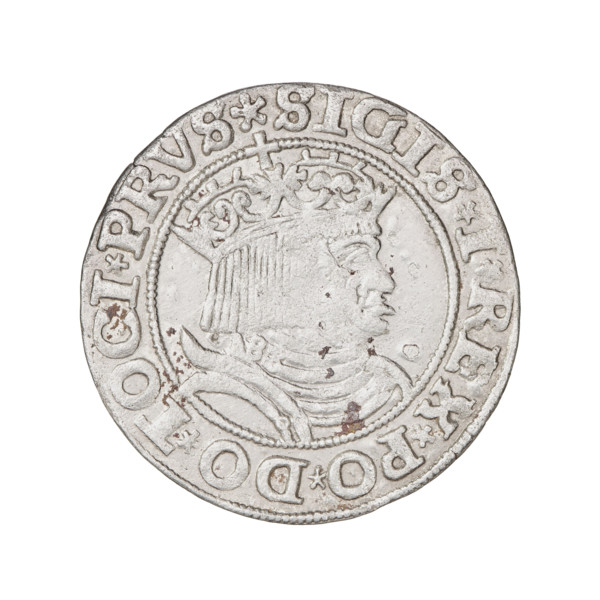 Prussian grosz, Sigismund I the Old (King of Poland; 1506–1548). Obverse: Crowned male bust in
