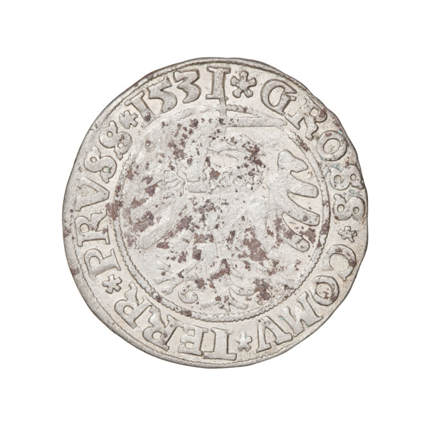 Prussian grosz, Sigismund I the Old (King of Poland; 1506–1548); silver coin, 1531. Obverse: